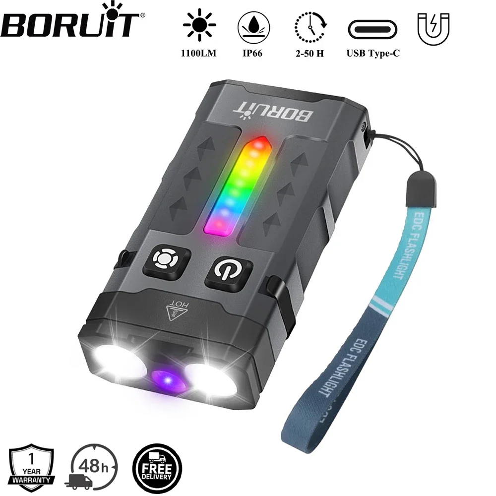 Outdoor Hunting Lights - BORUiT EV20 1100LM EDC UVキーホルダーLED懐中電灯 タイプC充電式作業灯